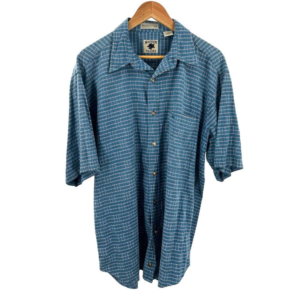Vtg Madison Trader Washed‎ Cotton Mens L Short Sleeve Button Down Preowned